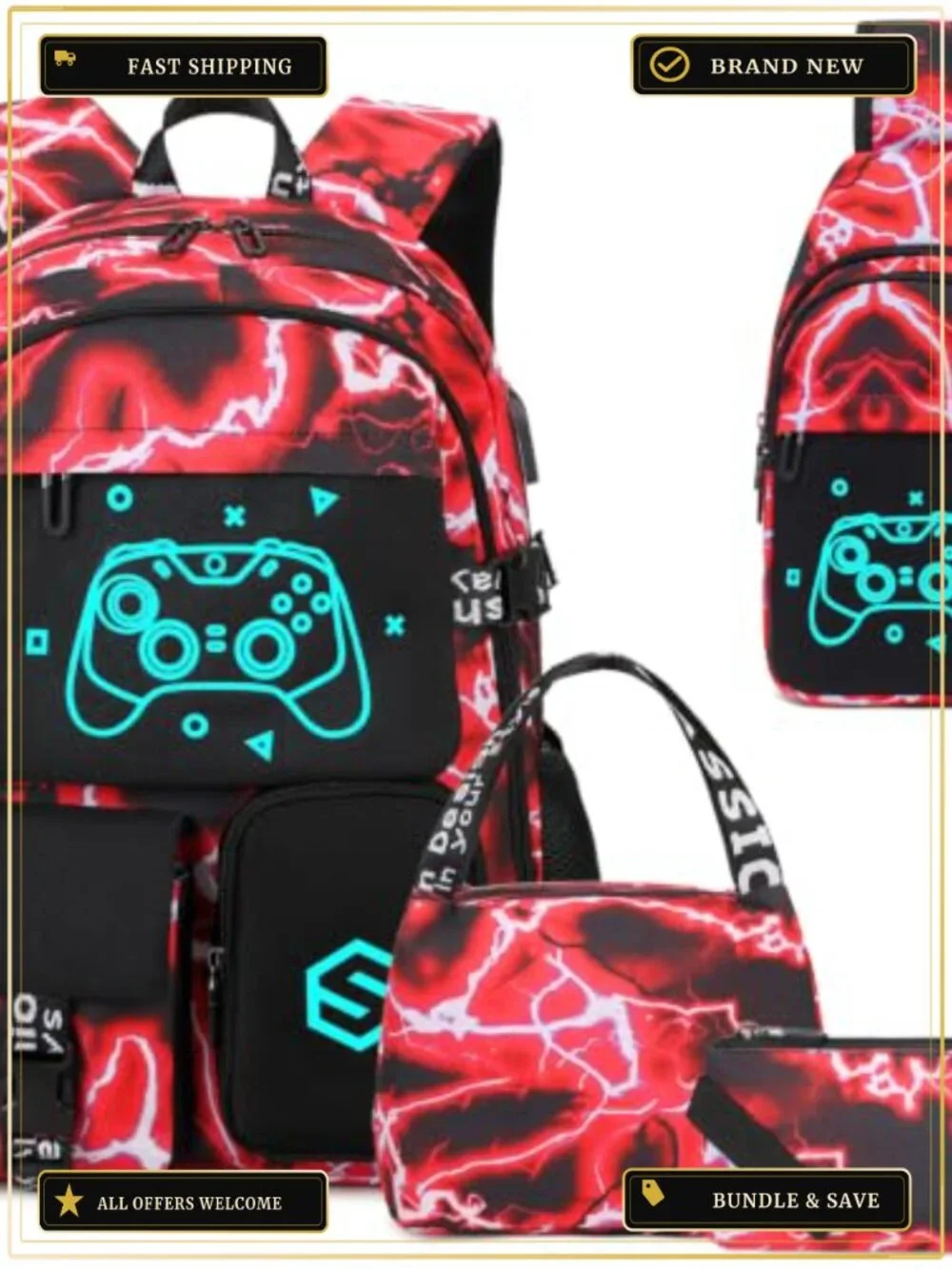 Kids Backpack with Lunch Bag Sling Pencil Case Set with USB Port Luminous
